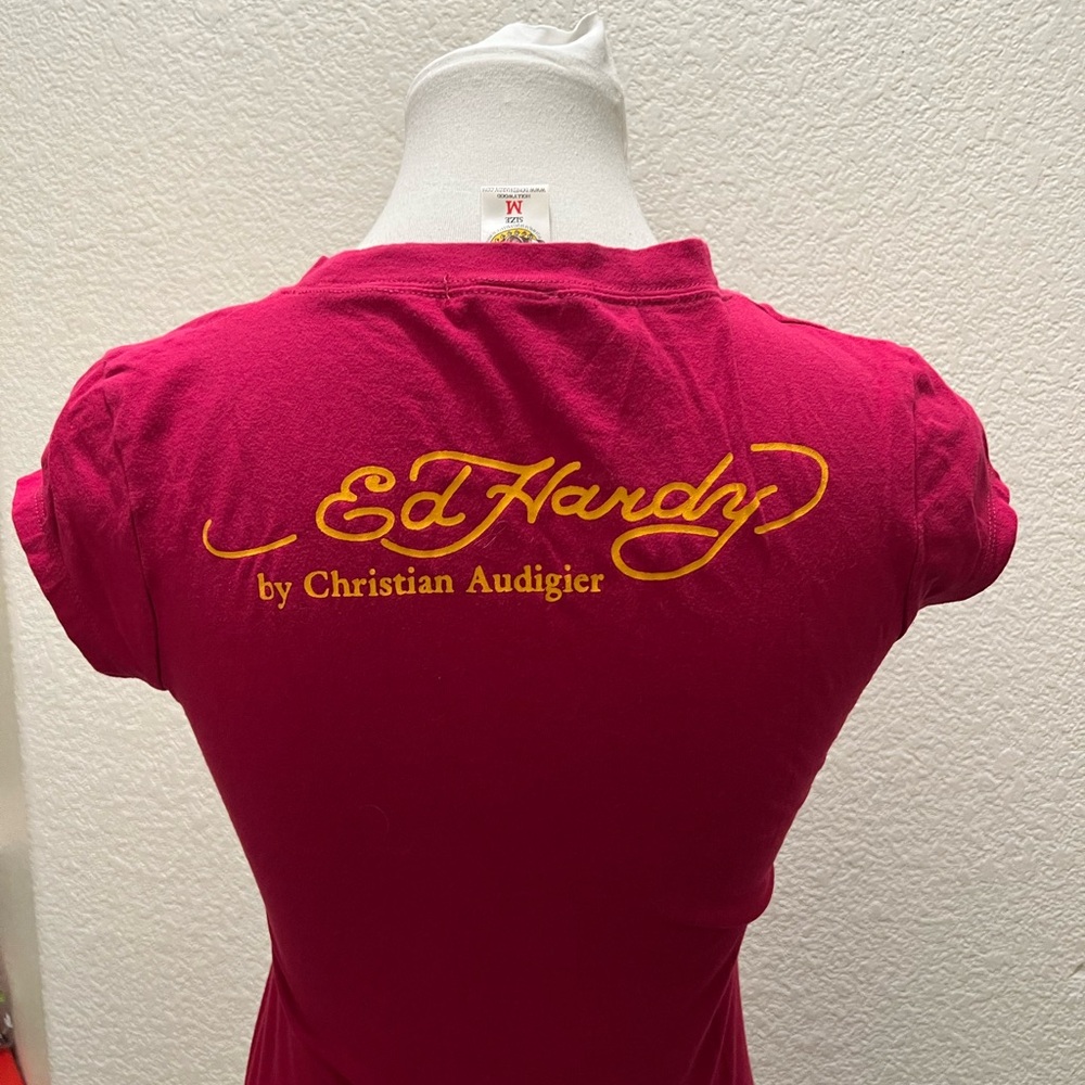 Ed Hardy Pink Magenta Skull Rhinestone Graphic Tee Y2K vintage - Picture 5 of 7